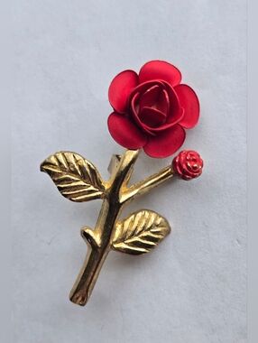 Vintage Red Rose & Flower Bud w/ Gold Tone Stem Brooch Valentines